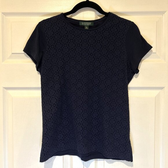 Ralph Lauren Womens Top Sz PM Lace Front Navy Classic Workwear Casual Preppy - Picture 7 of 8
